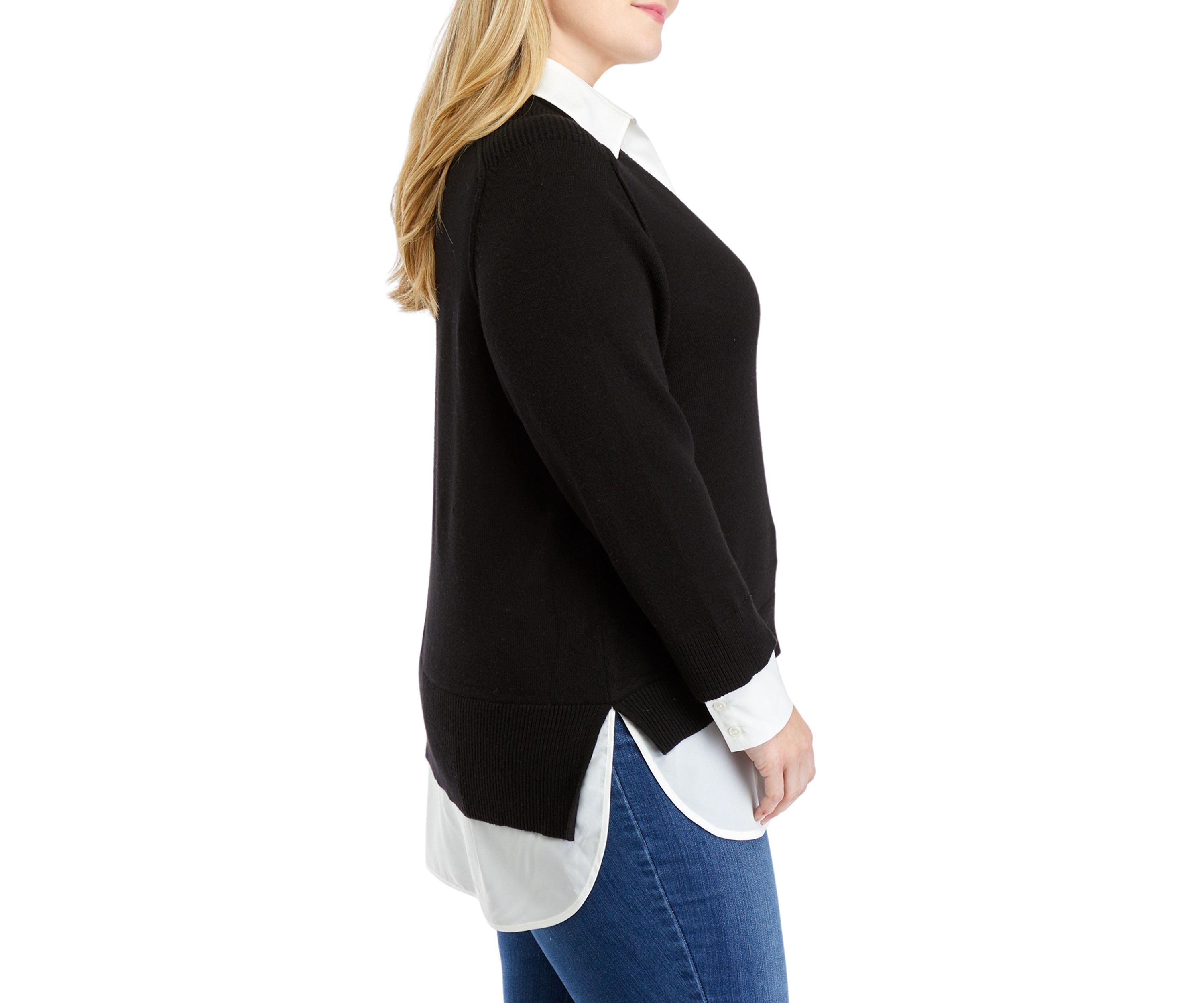 Plus Size Long Sleeve V-Neck 2fer Sweater