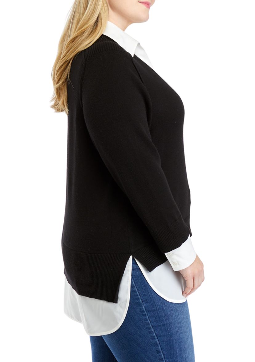 Plus Size Long Sleeve V-Neck 2fer Sweater