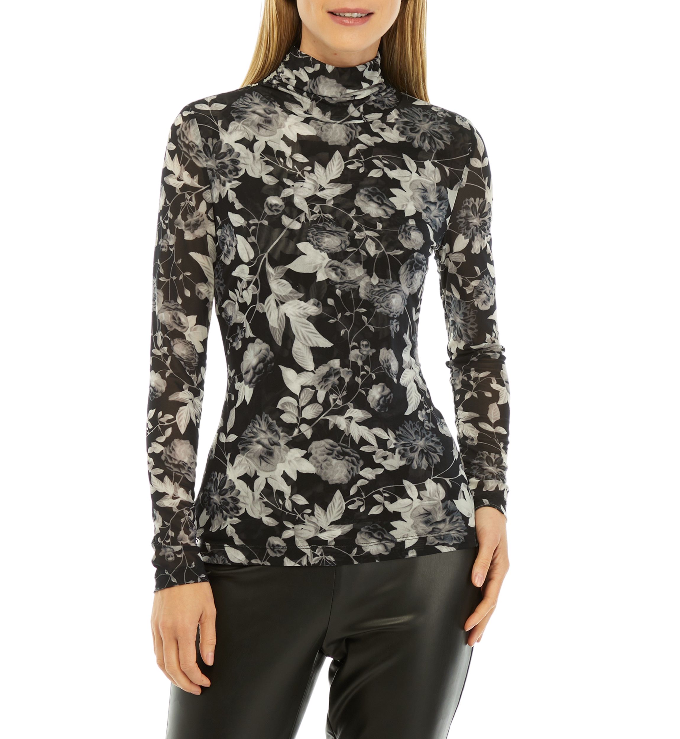 Womens Long Sleeve Floral Mock Neck Mesh Top 