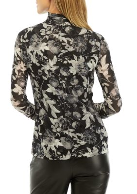 Women's Long Sleeve Floral Mock Neck Mesh Top