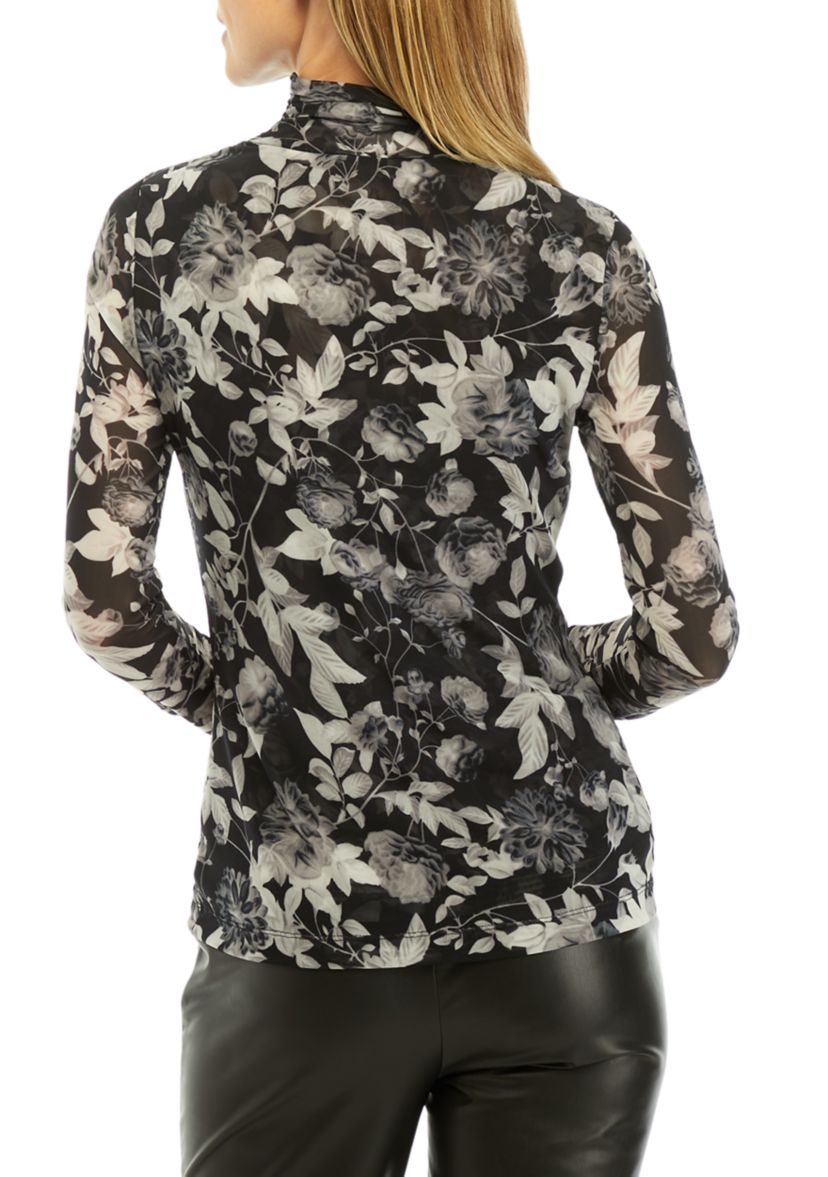 Womens Long Sleeve Floral Mock Neck Mesh Top 