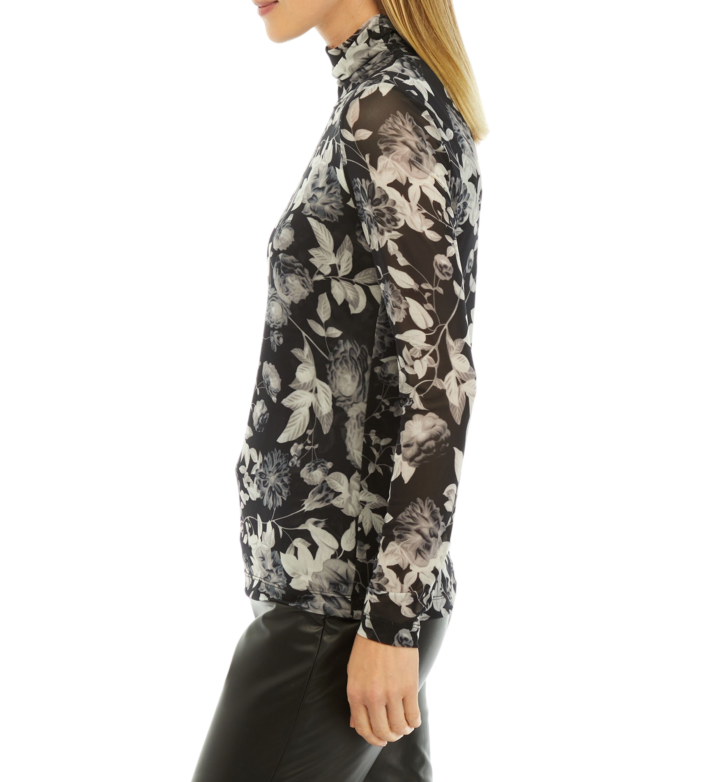 Womens Long Sleeve Floral Mock Neck Mesh Top 