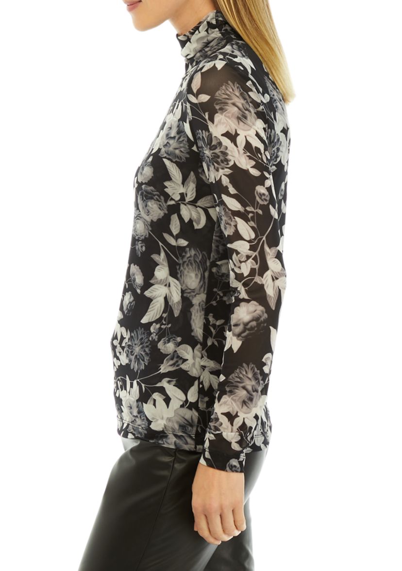 Womens Long Sleeve Floral Mock Neck Mesh Top 