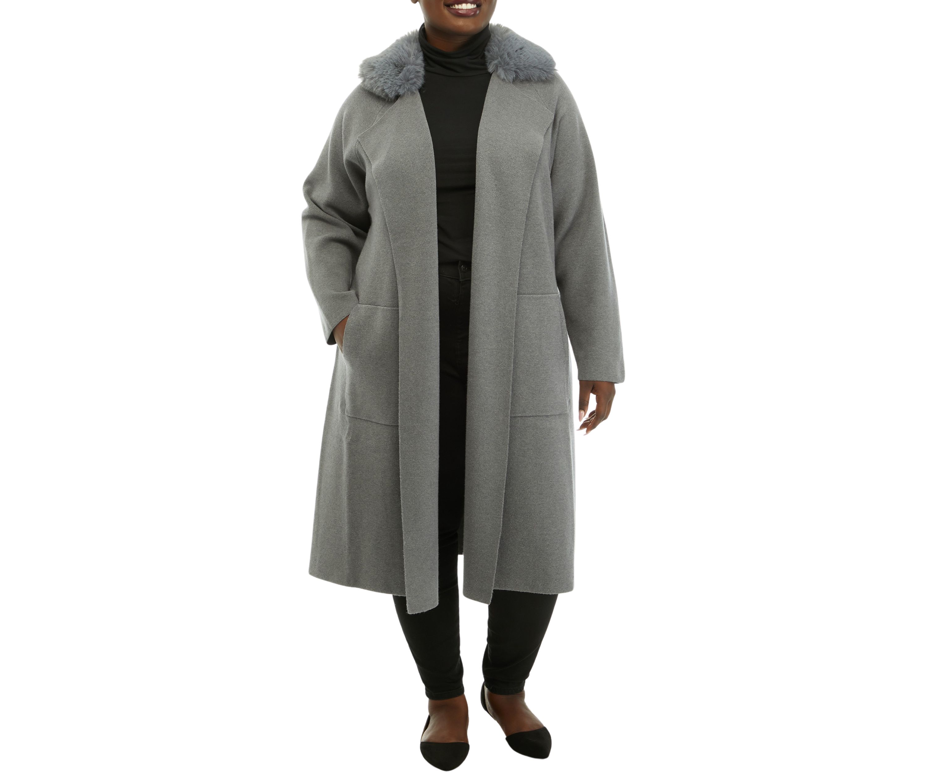 Plus Size Open Front Fur Collar Duster Cardigan