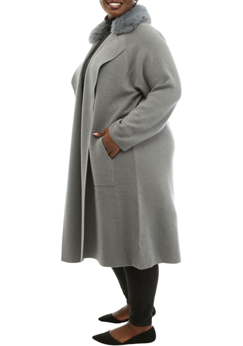 Plus Size Open Front Fur Collar Duster Cardigan