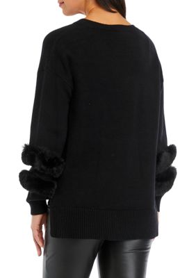 Women's Fur Cuff V-Neck Sweater