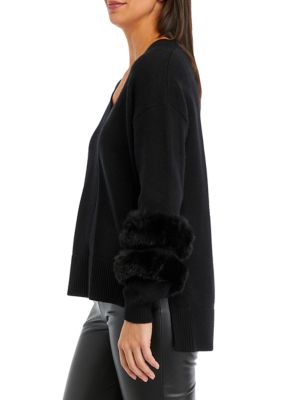 Women's Fur Cuff V-Neck Sweater