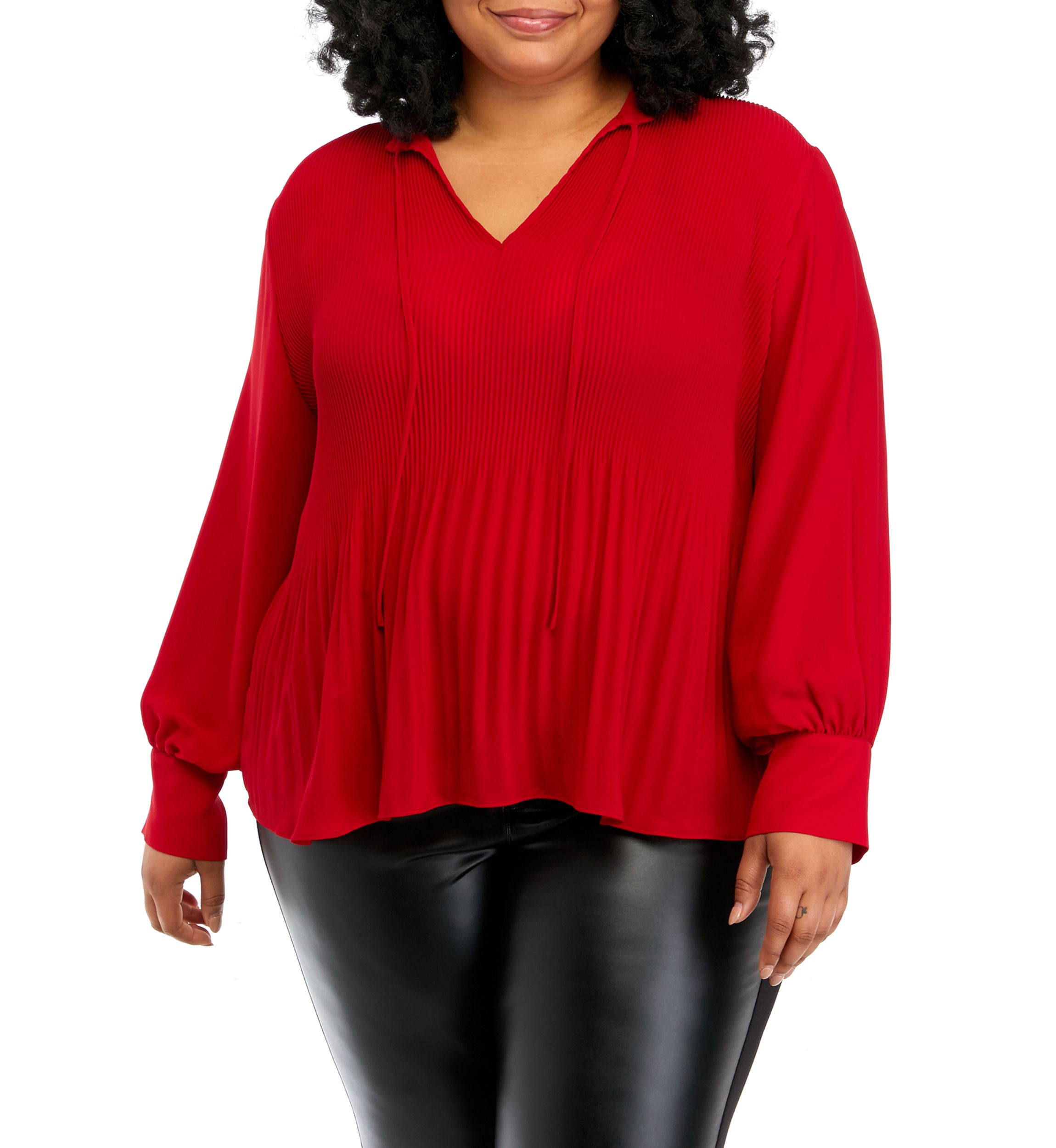 Plus Size Tie Neck Pleated Blouse