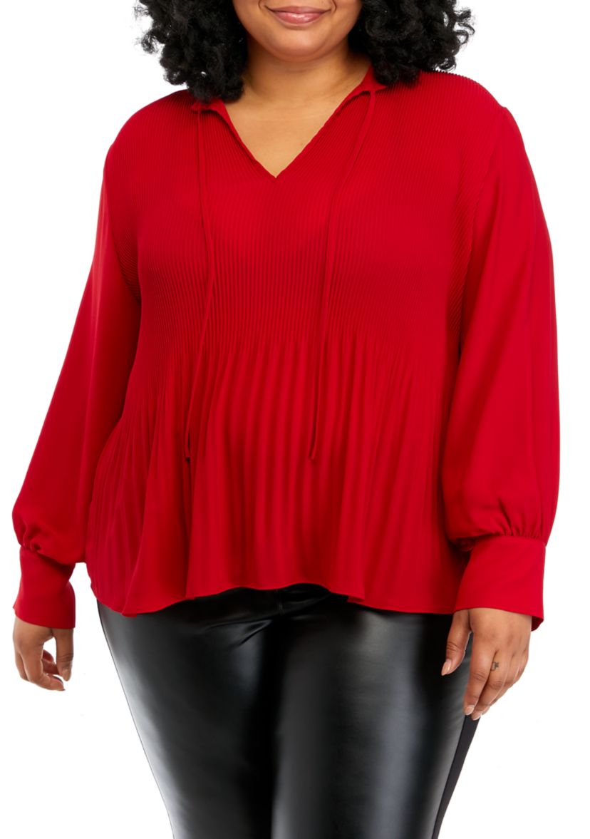 Plus Size Tie Neck Pleated Blouse