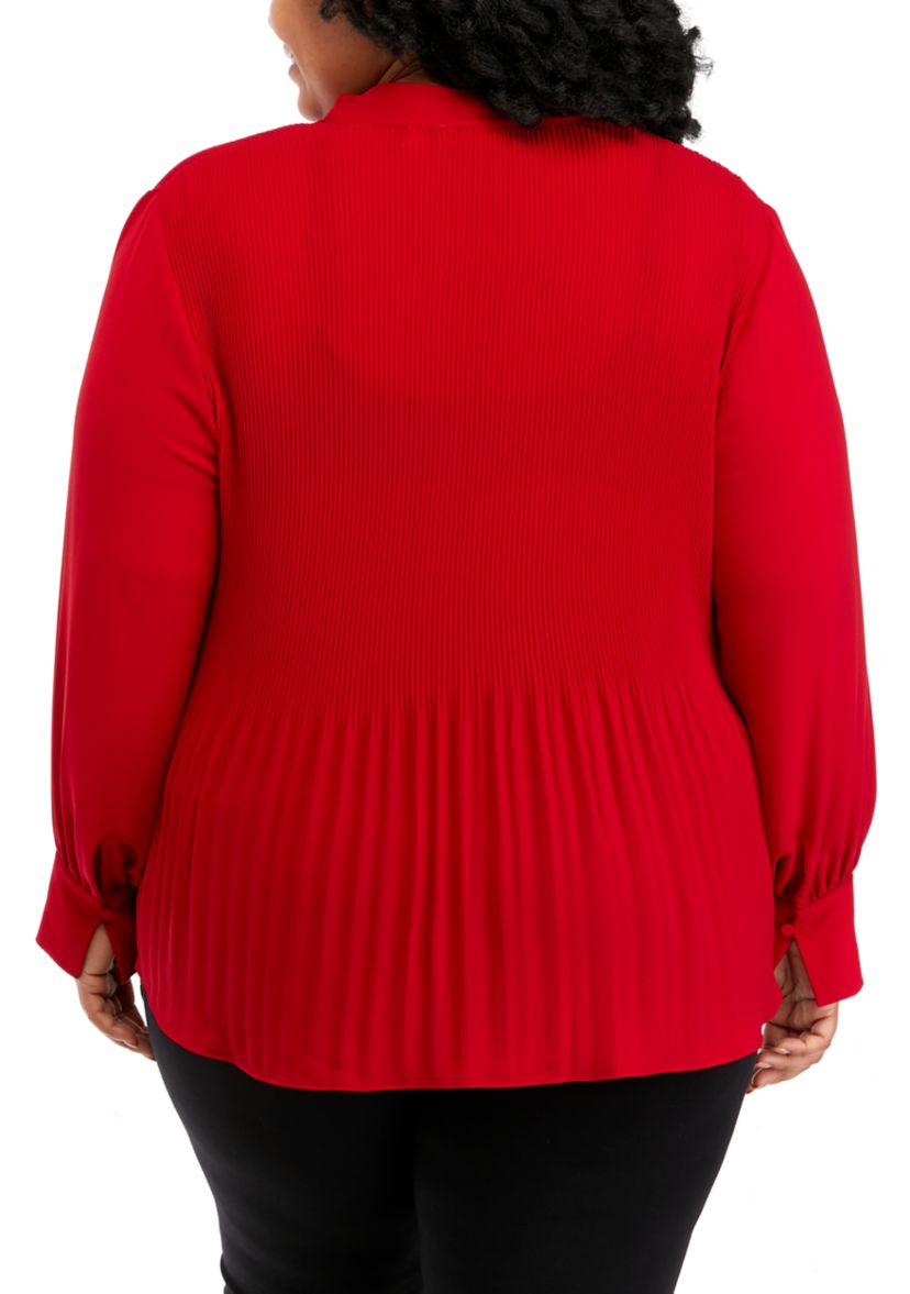 Plus Size Tie Neck Pleated Blouse