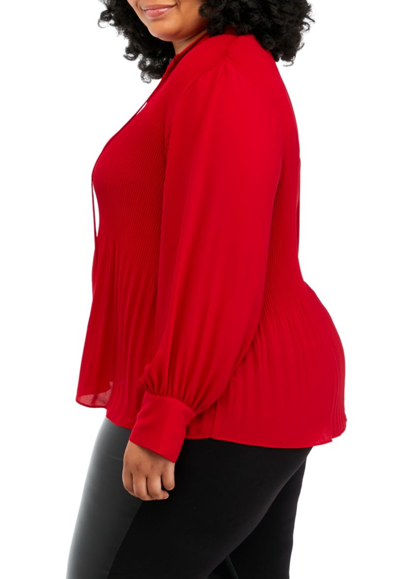 Plus Size Tie Neck Pleated Blouse