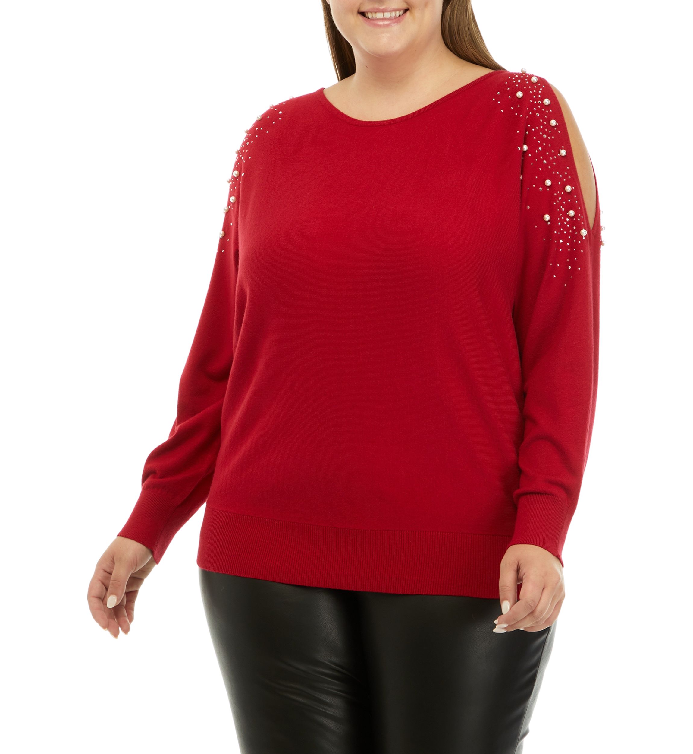 Plus Size Long Sleeve Cold Shoulder Pearl Stud Sweater