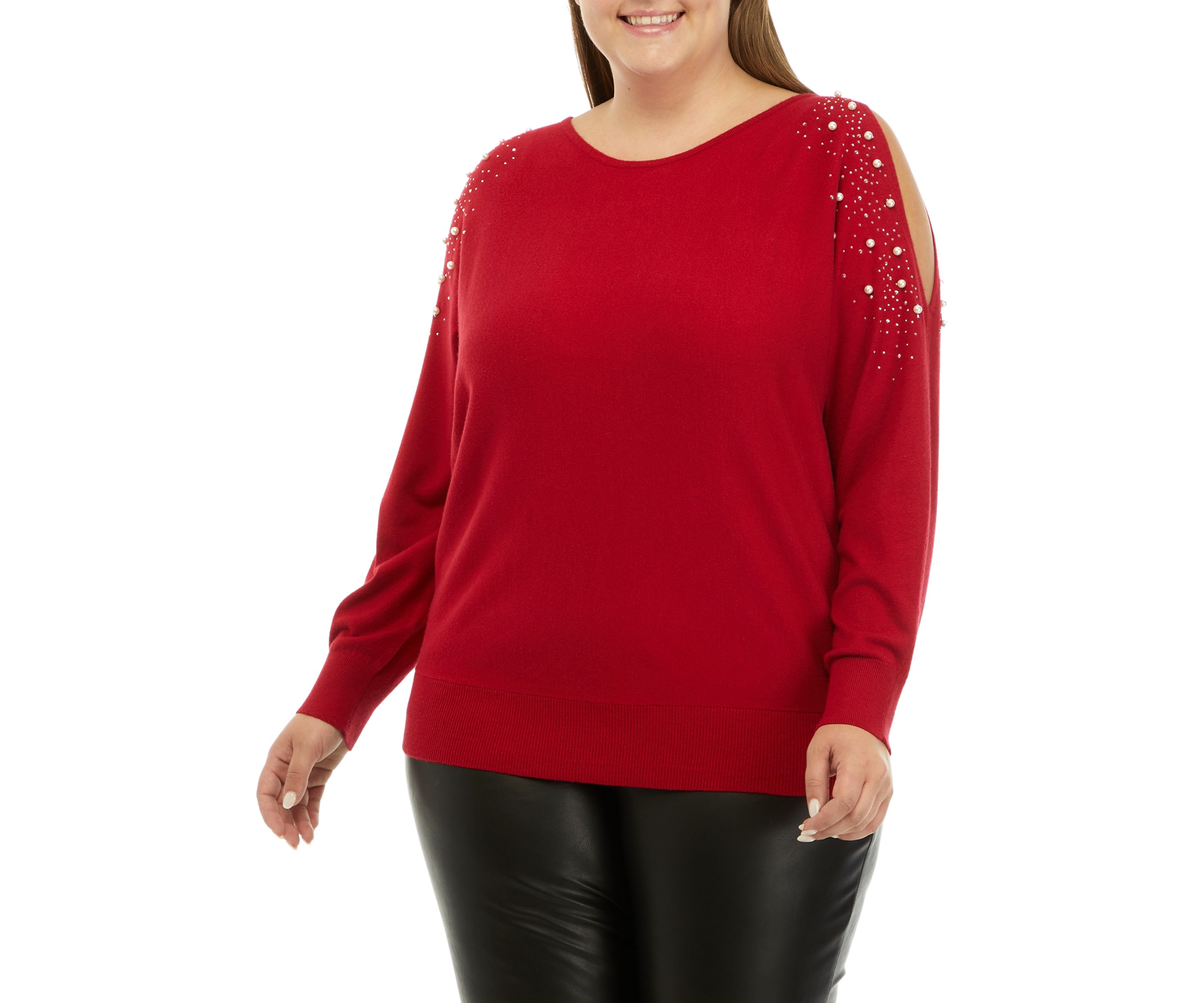 Plus Size Long Sleeve Cold Shoulder Pearl Stud Sweater