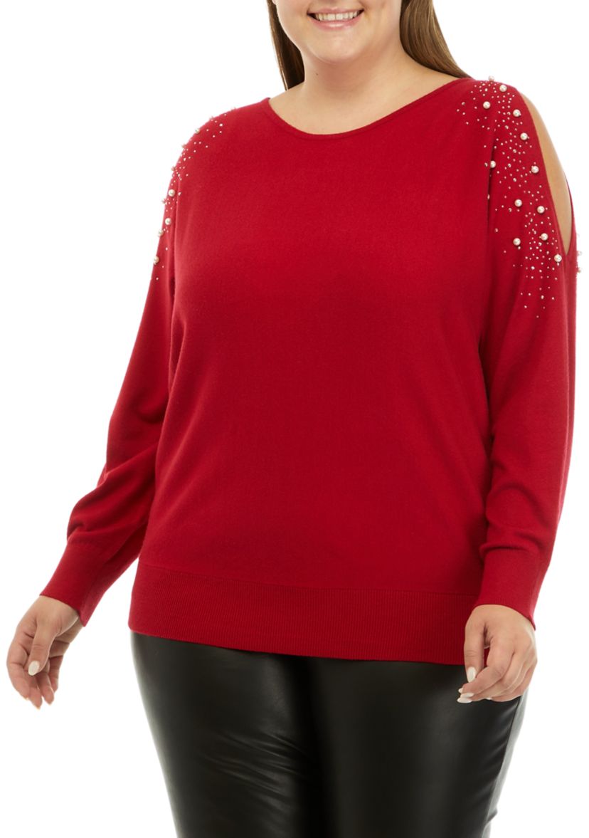 Plus Size Long Sleeve Cold Shoulder Pearl Stud Sweater