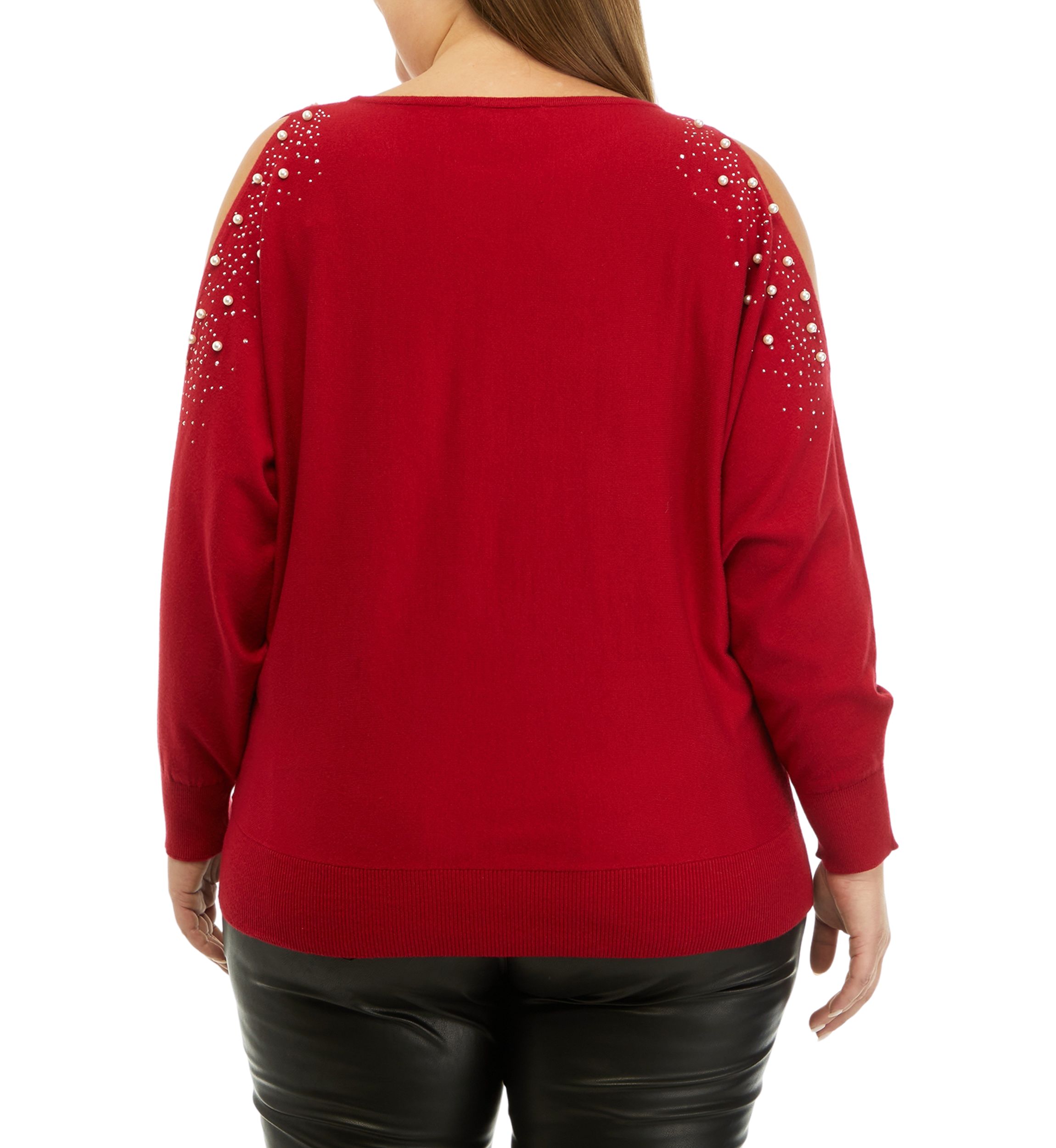 Plus Size Long Sleeve Cold Shoulder Pearl Stud Sweater