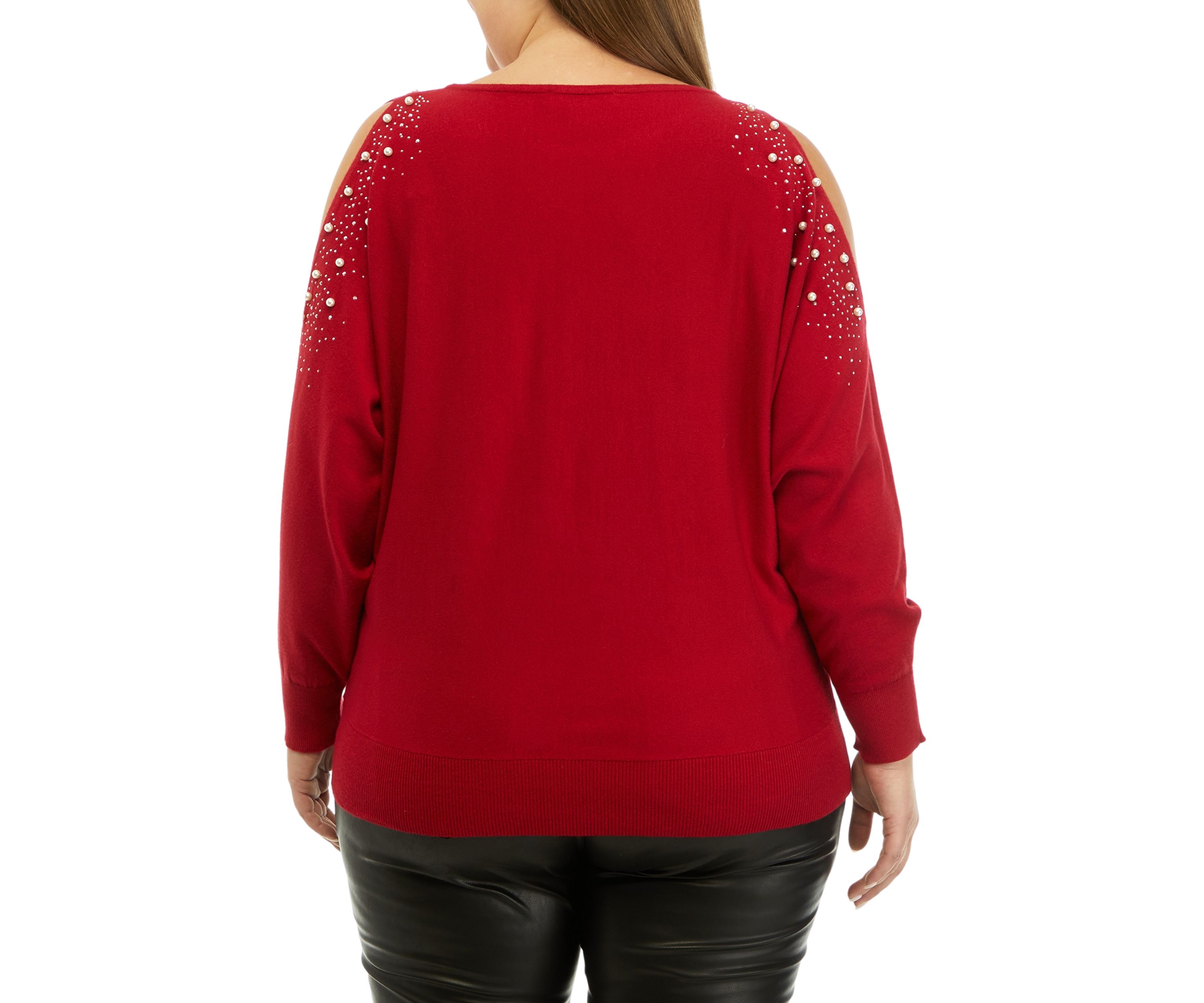 Plus Size Long Sleeve Cold Shoulder Pearl Stud Sweater