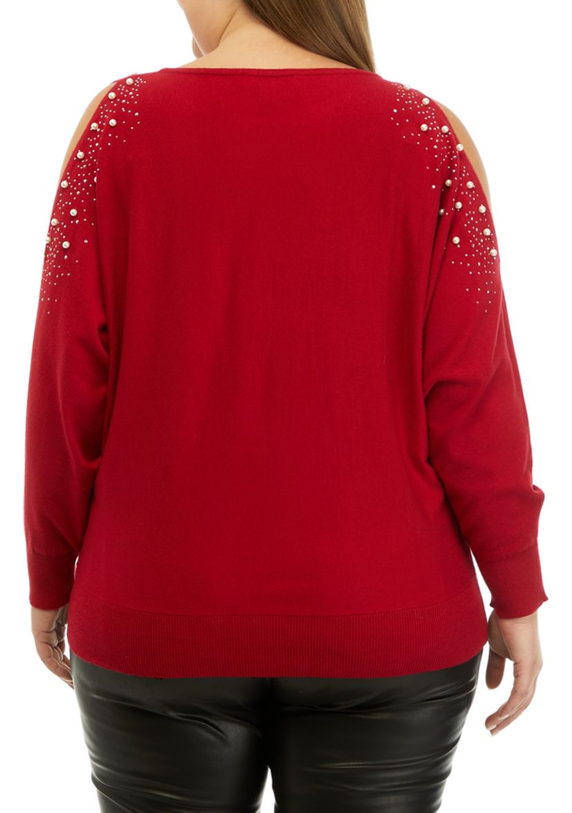 Plus Size Long Sleeve Cold Shoulder Pearl Stud Sweater