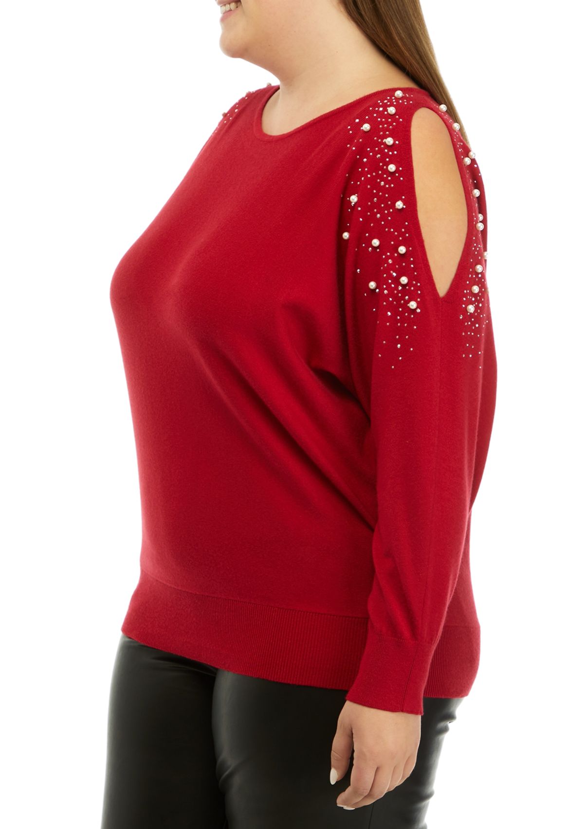 Plus Size Long Sleeve Cold Shoulder Pearl Stud Sweater