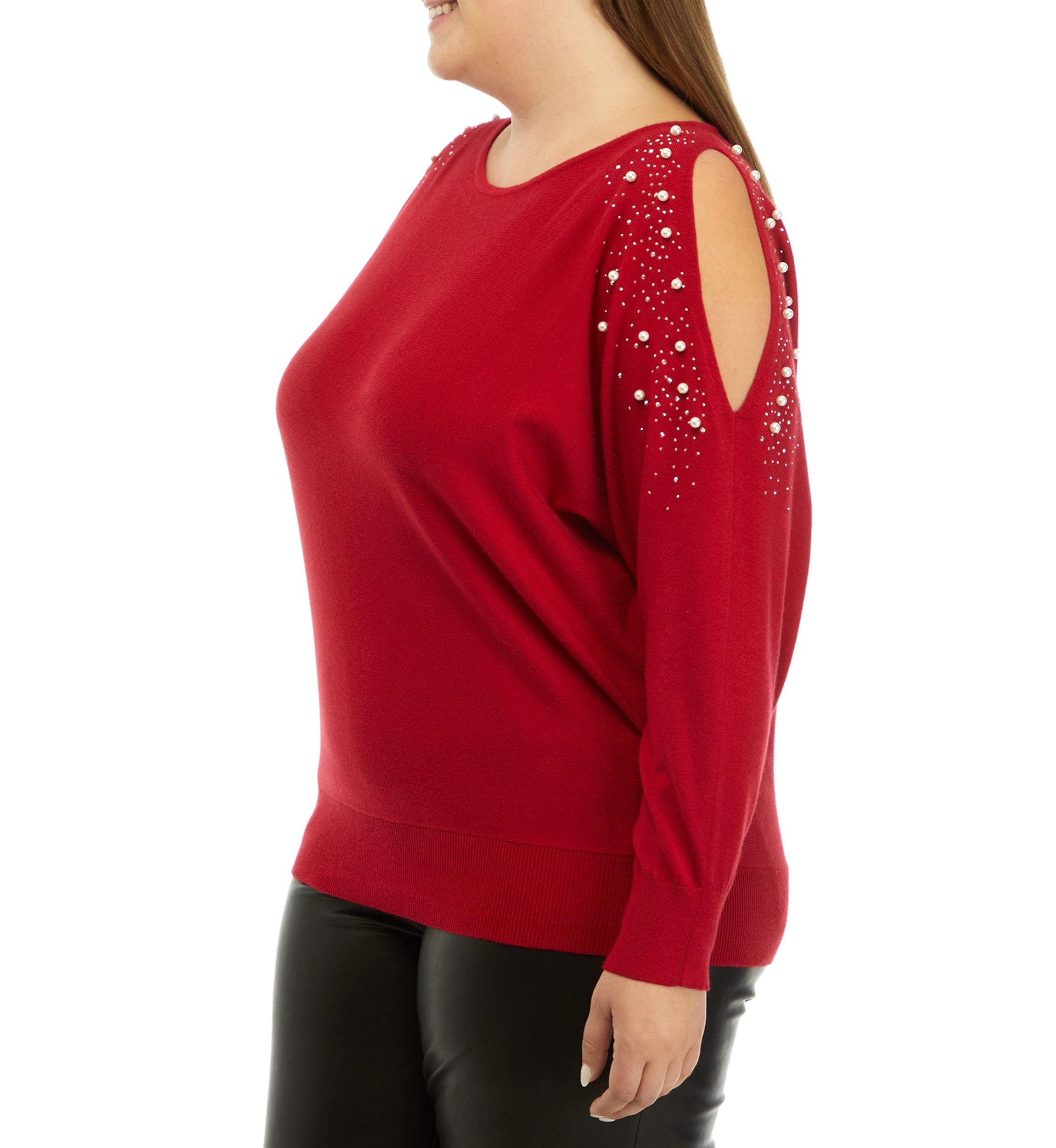 Plus Size Long Sleeve Cold Shoulder Pearl Stud Sweater
