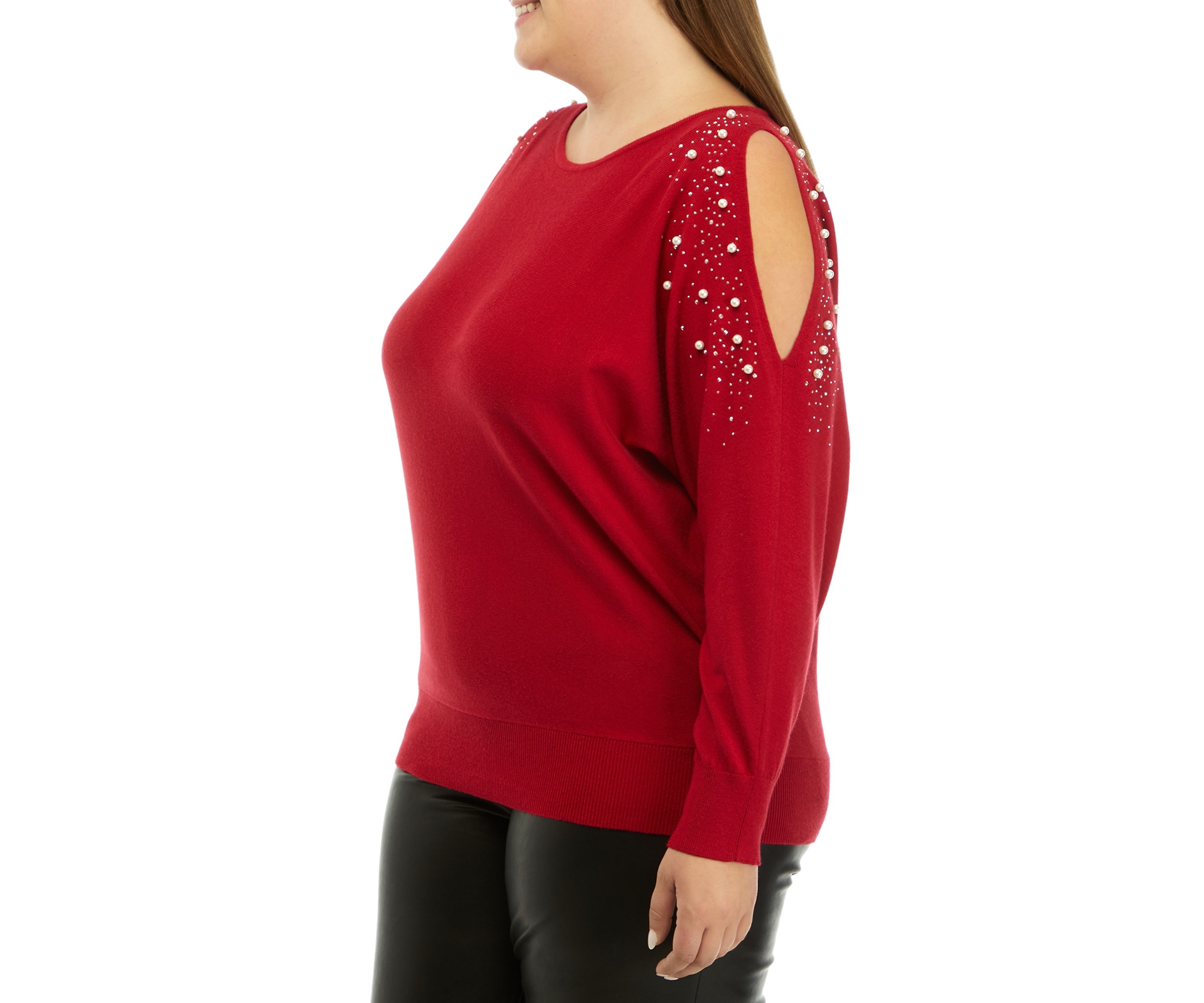 Plus Size Long Sleeve Cold Shoulder Pearl Stud Sweater