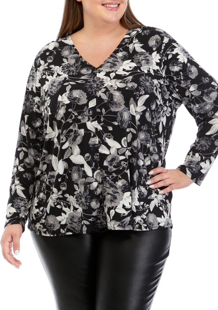 Plus Size V-Neck High Low Printed Blouse