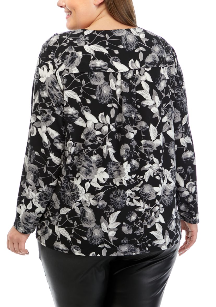 Plus Size V-Neck High Low Printed Blouse