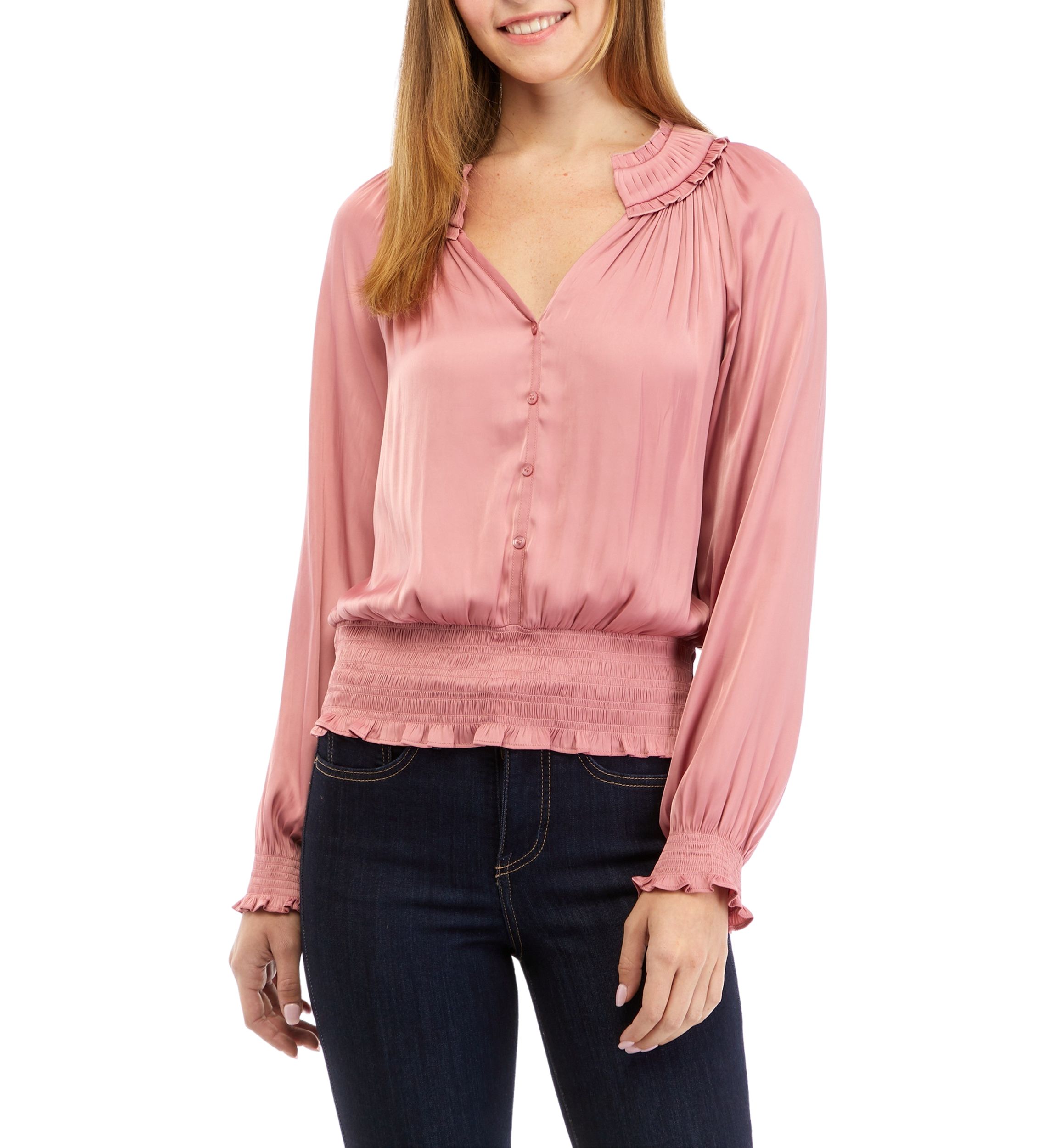 Womens Long Sleeve Smocked Waist Split Neck Airflow Blouse