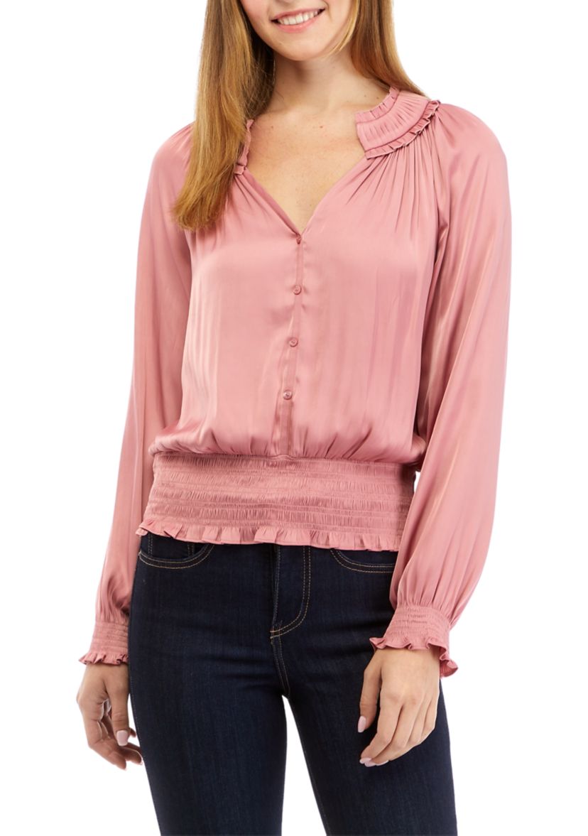Womens Long Sleeve Smocked Waist Split Neck Airflow Blouse