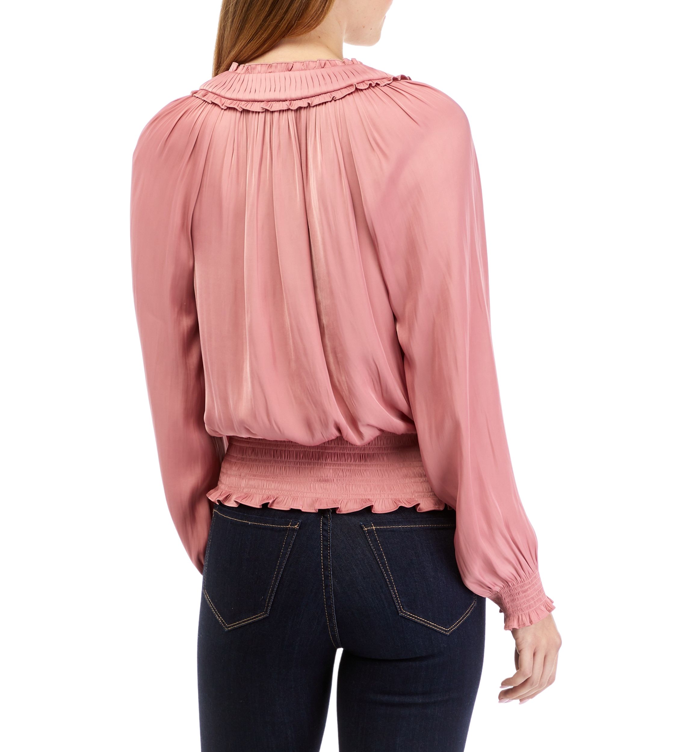 Womens Long Sleeve Smocked Waist Split Neck Airflow Blouse
