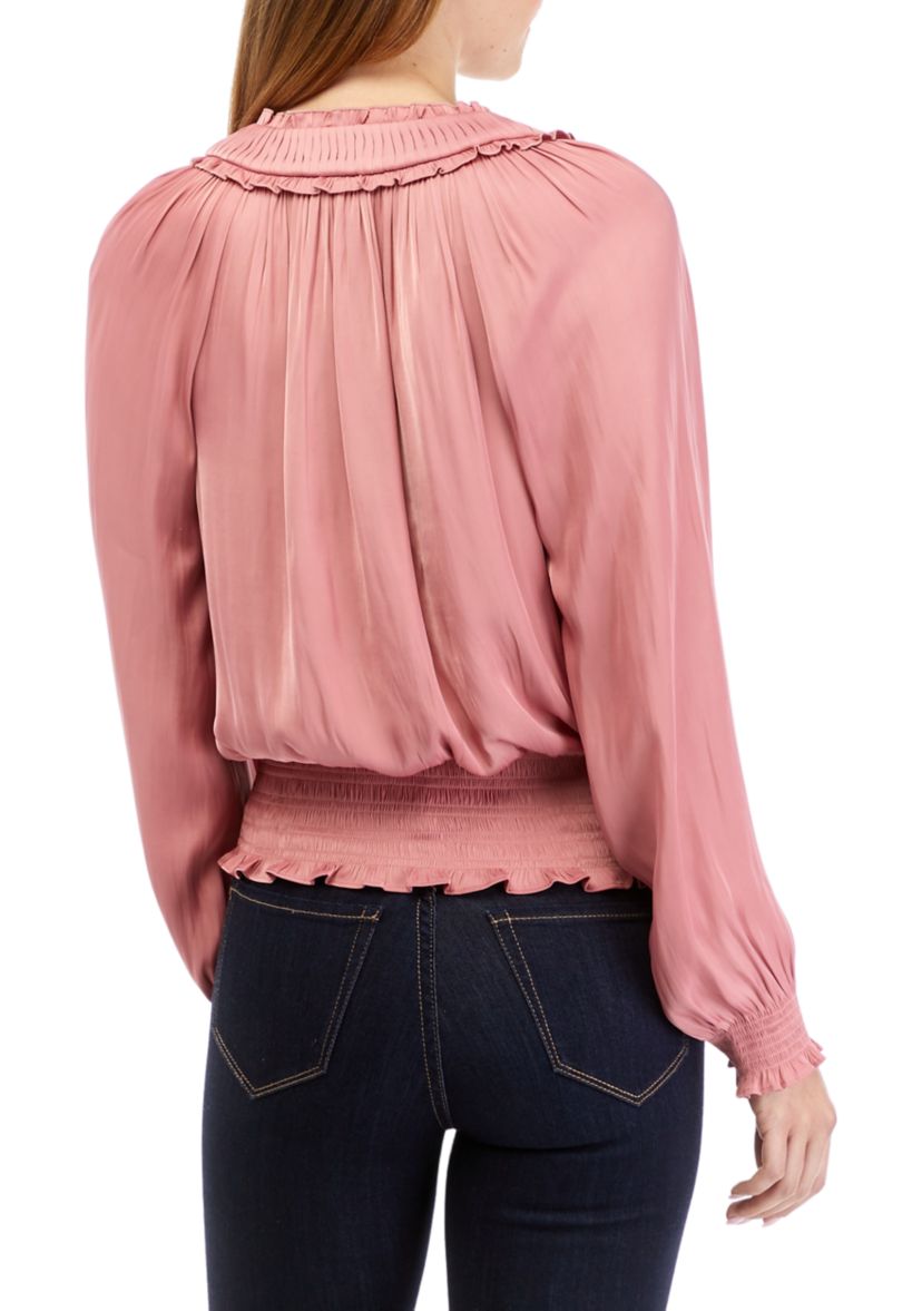 Womens Long Sleeve Smocked Waist Split Neck Airflow Blouse