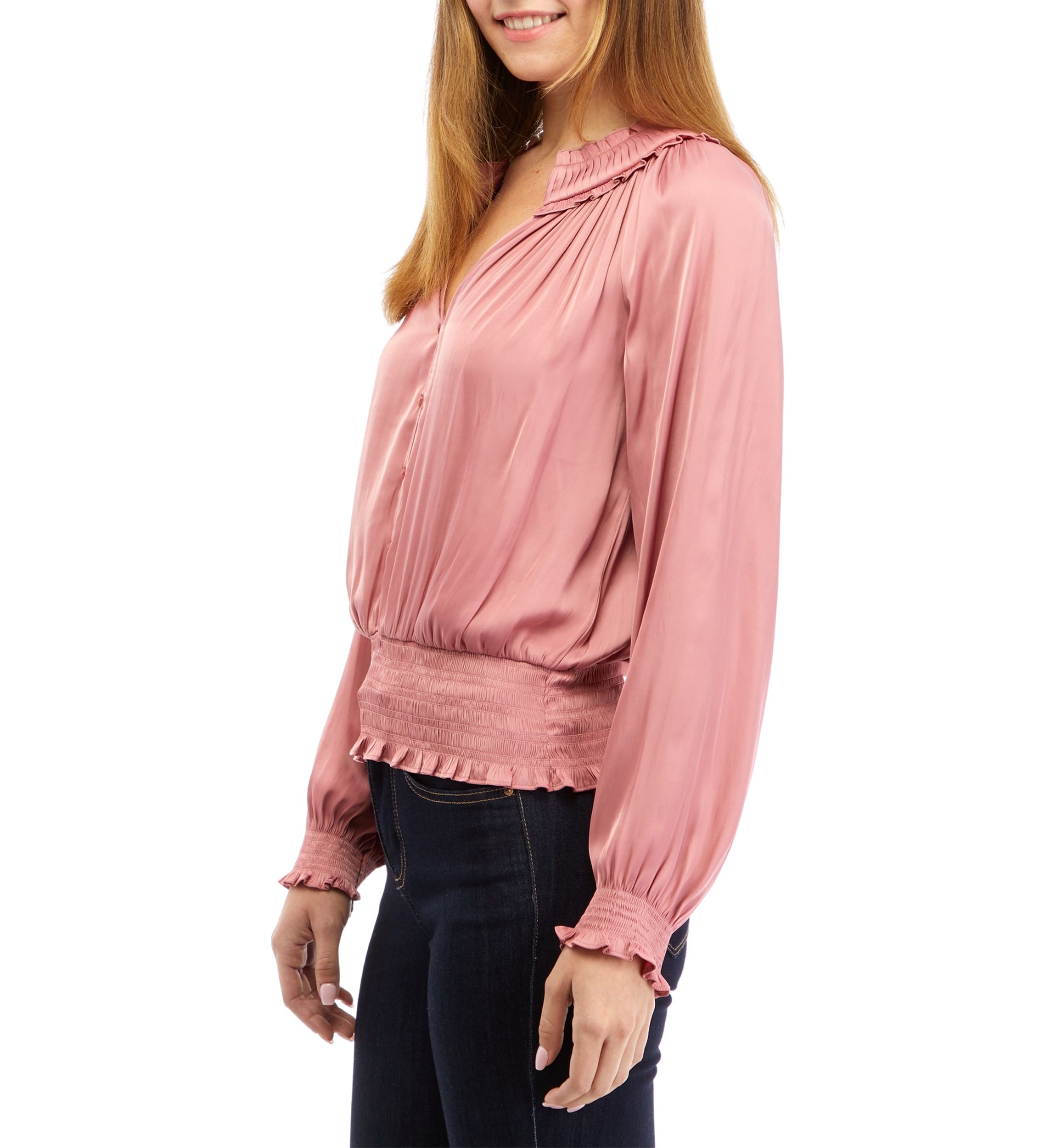 Womens Long Sleeve Smocked Waist Split Neck Airflow Blouse