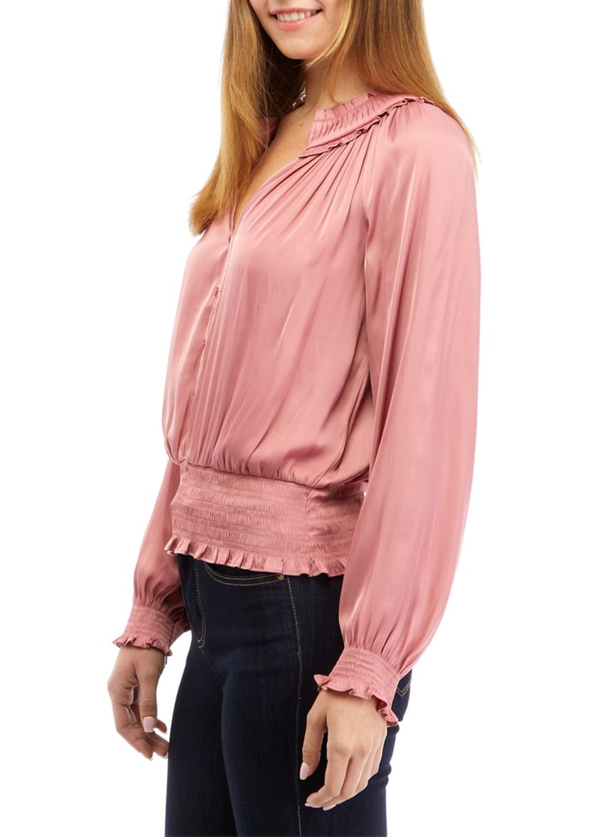Womens Long Sleeve Smocked Waist Split Neck Airflow Blouse
