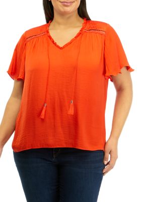 PHILOSOPHY BY REPUBLIC Women's Plus Size Airflow Flutter Sleeve V-Neck Tie Front Blouse, Orange, 0X