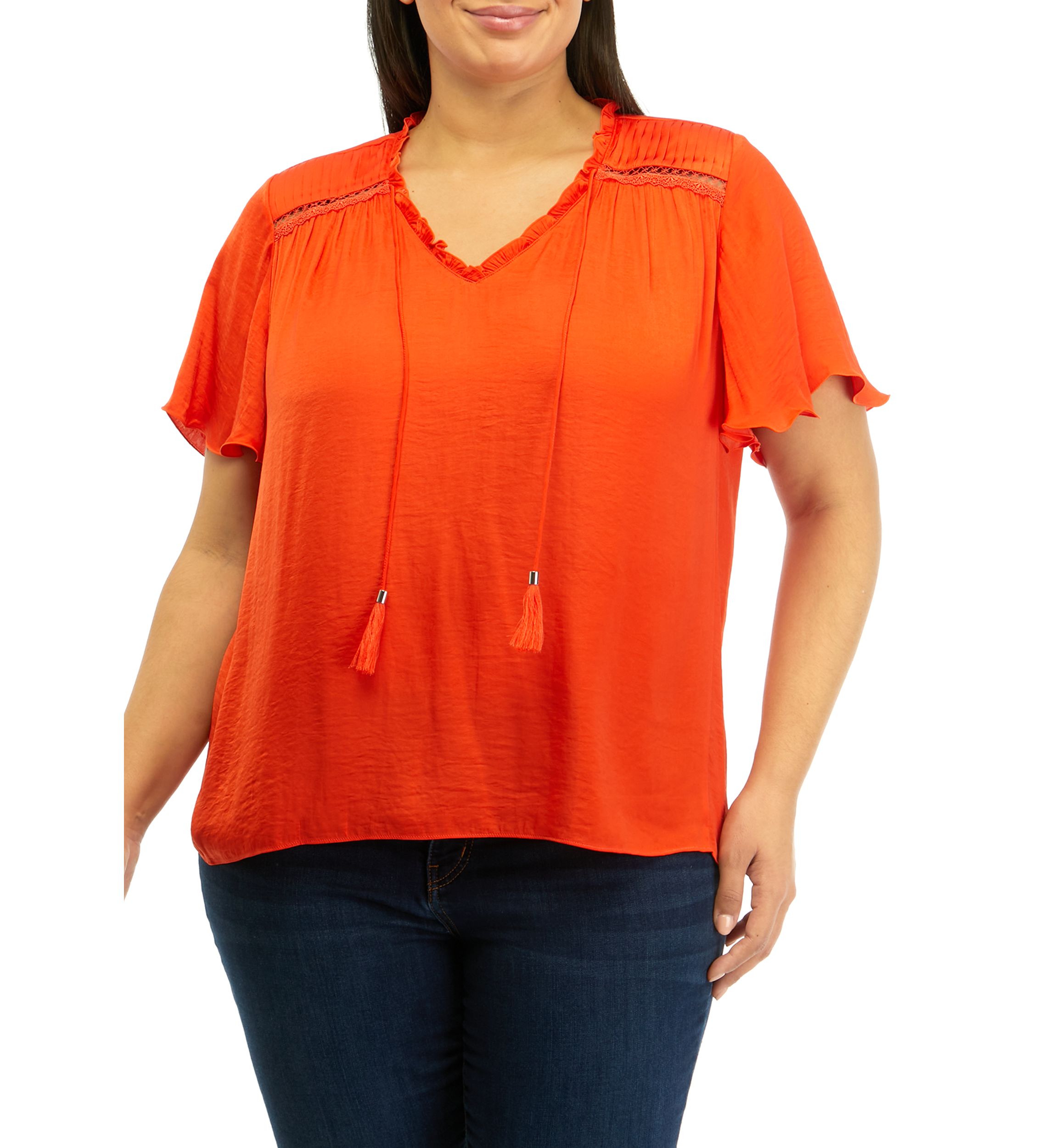 Plus Size Airflow Flutter Sleeve V-Neck Tie Front Blouse