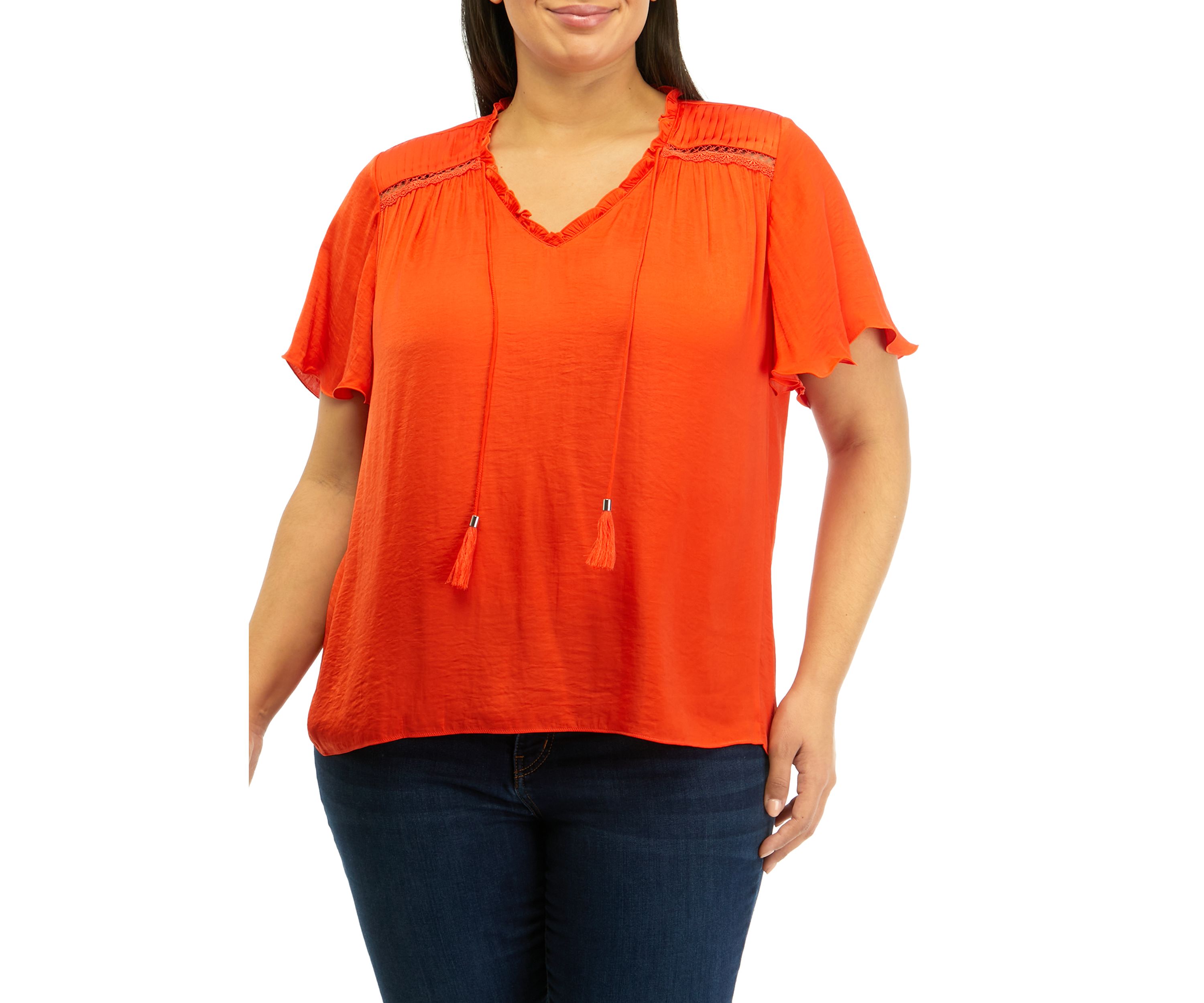 Plus Size Airflow Flutter Sleeve V-Neck Tie Front Blouse