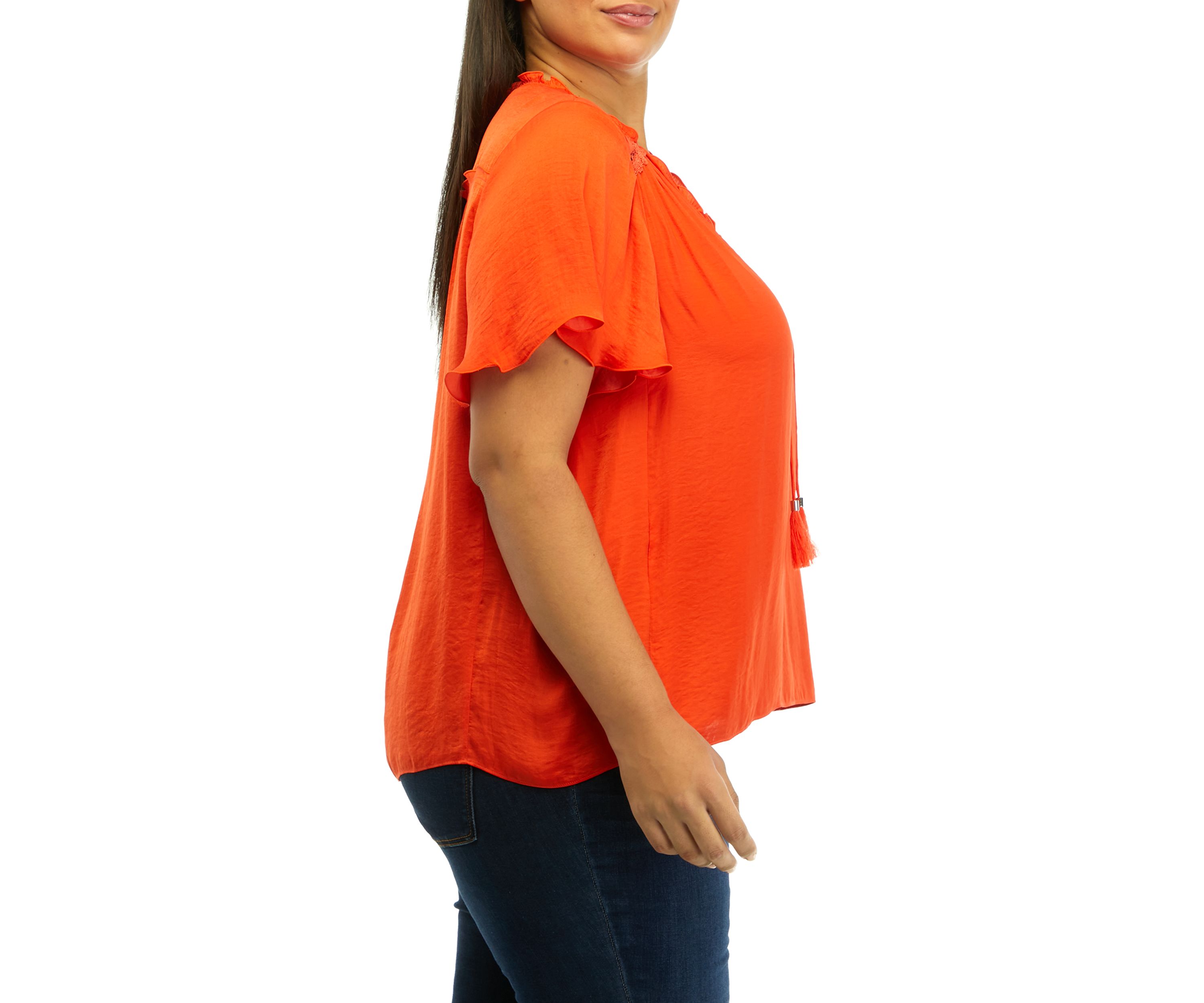 Plus Size Airflow Flutter Sleeve V-Neck Tie Front Blouse