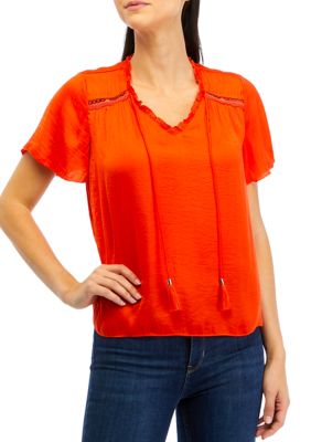 PHILOSOPHY BY REPUBLIC Women's Flutter Sleeve Airflow Peasant Blouse, Orange, Small