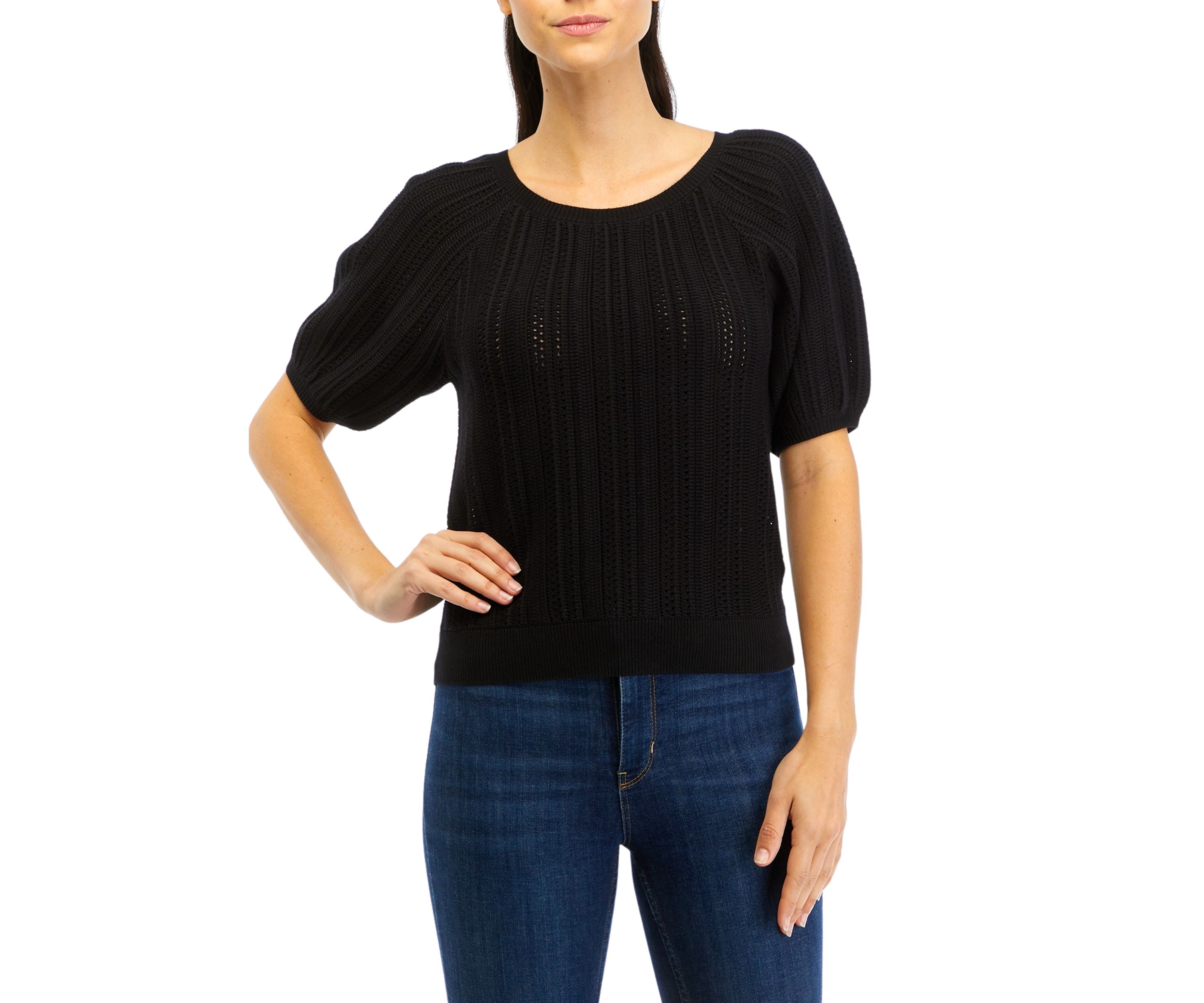 Womens Puff Sleeve Pointelle Sweater