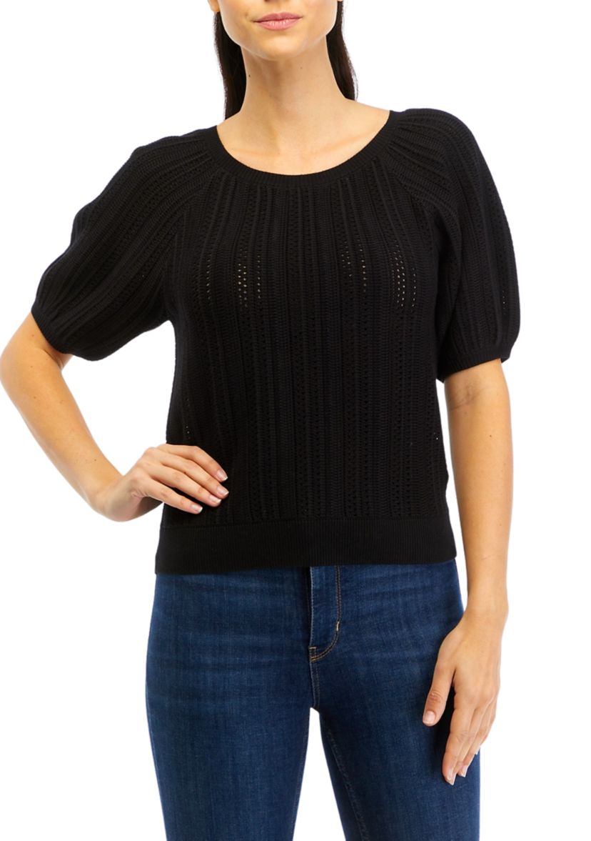 Womens Puff Sleeve Pointelle Sweater
