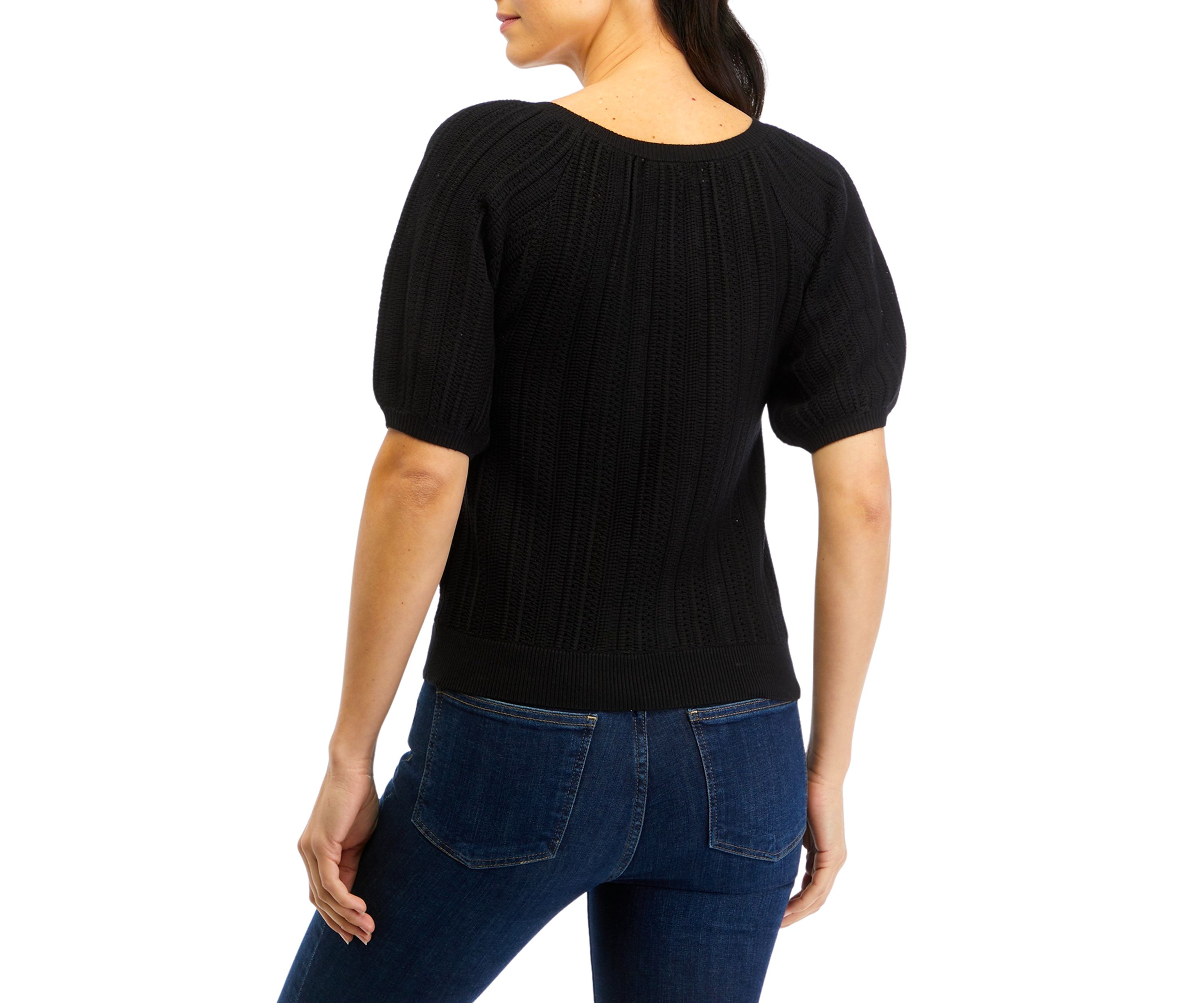 Womens Puff Sleeve Pointelle Sweater