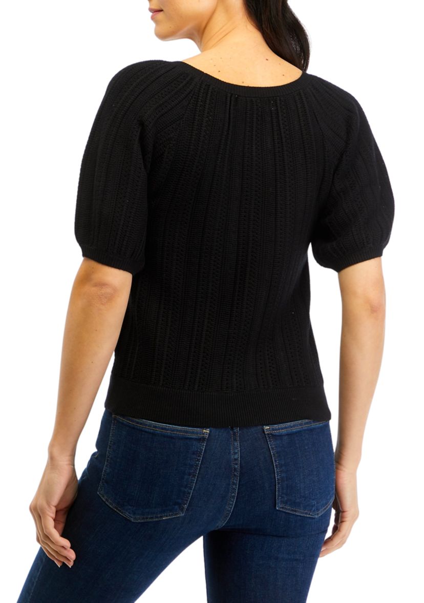 Womens Puff Sleeve Pointelle Sweater
