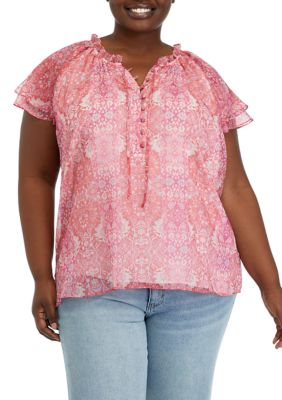 PHILOSOPHY BY REPUBLIC Women's Plus Size Button Front Tie Top with Tiered Sleeves