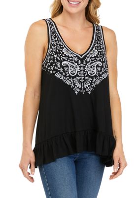 Women's Embroidered V-Neck Ruffle Hem Tank