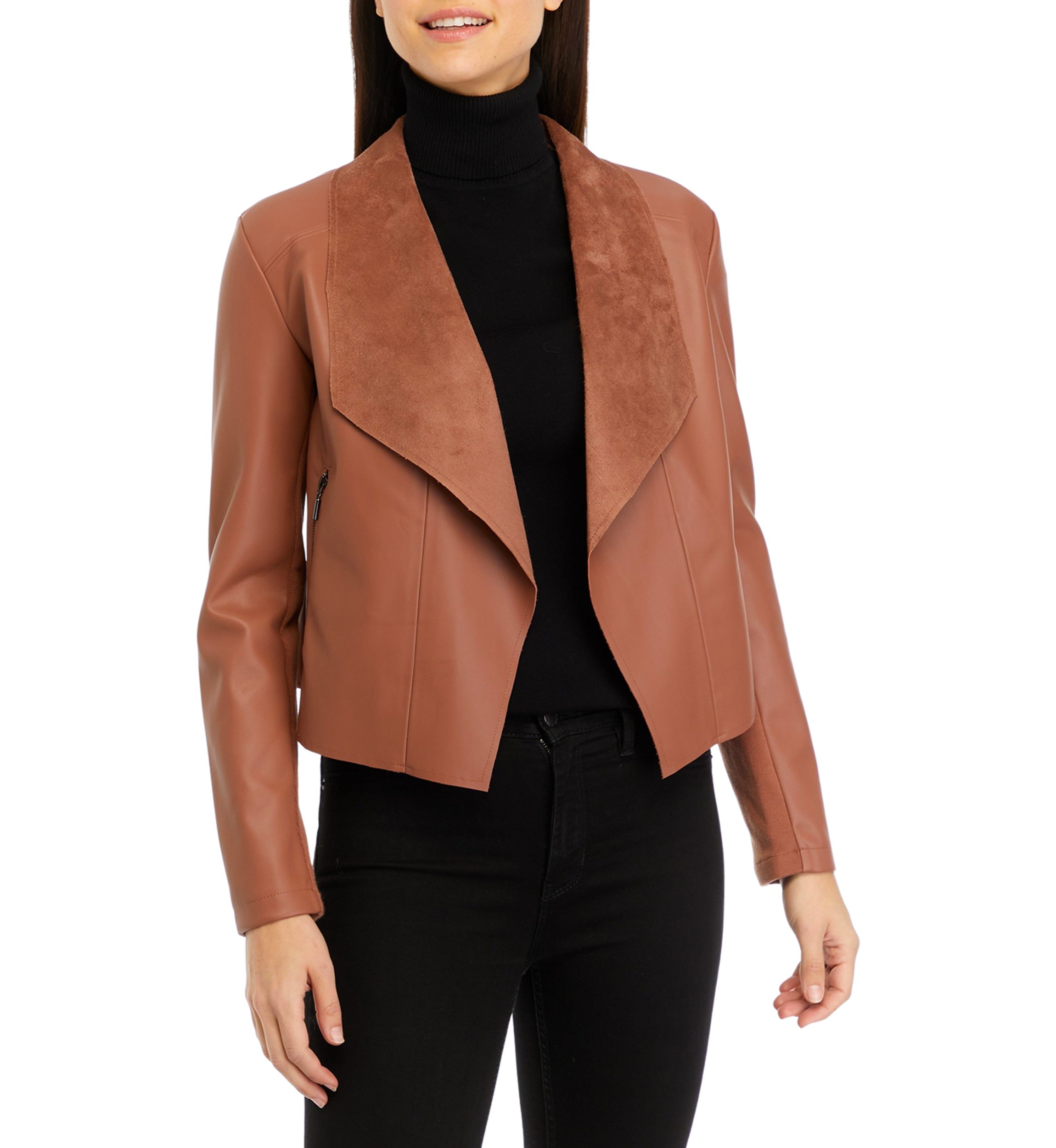 Womens Drop Open Front Vegan Leather Jacket
