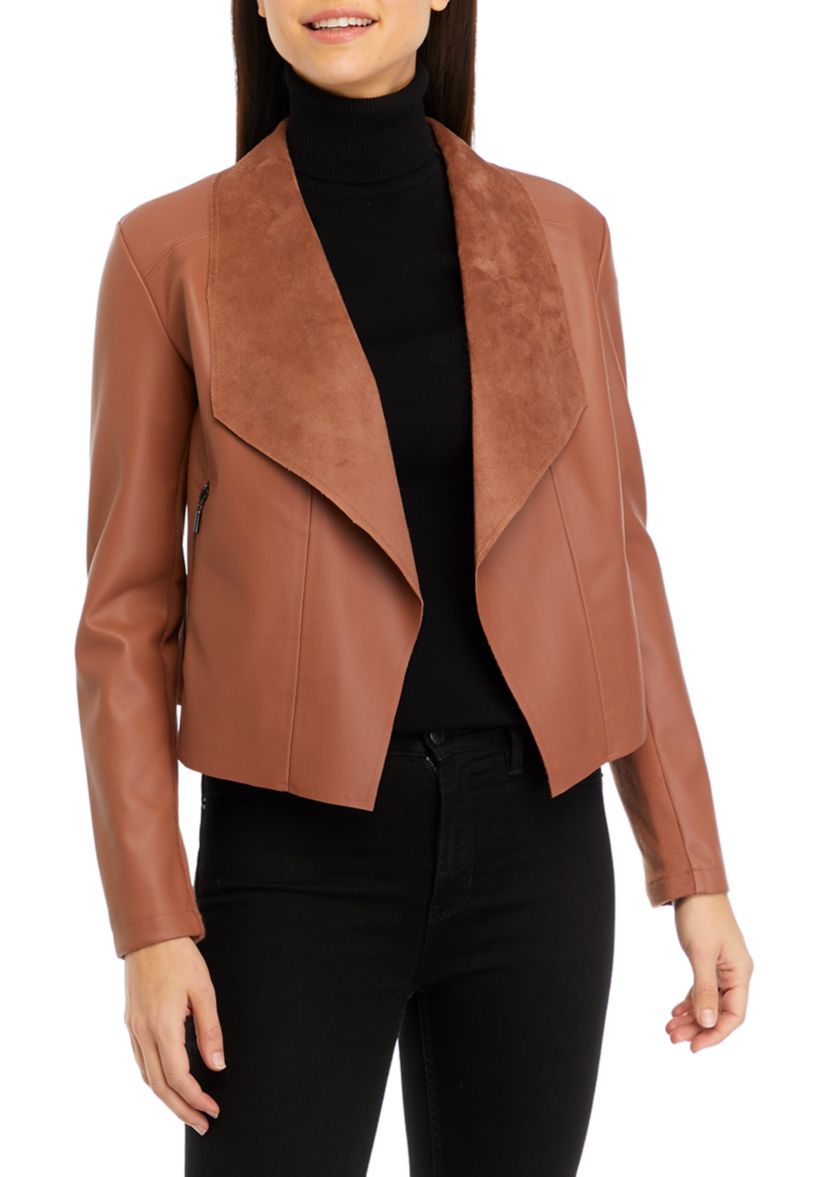 Womens Drop Open Front Vegan Leather Jacket