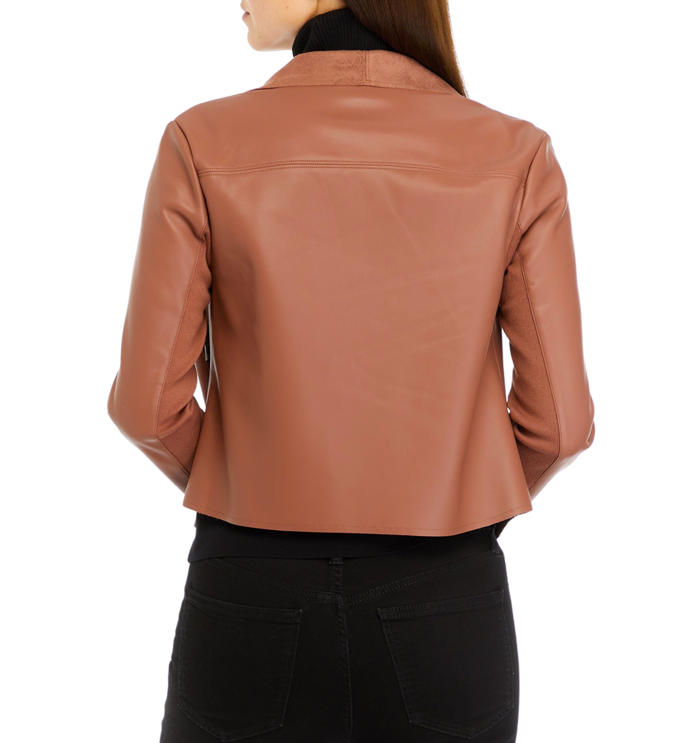 Womens Drop Open Front Vegan Leather Jacket