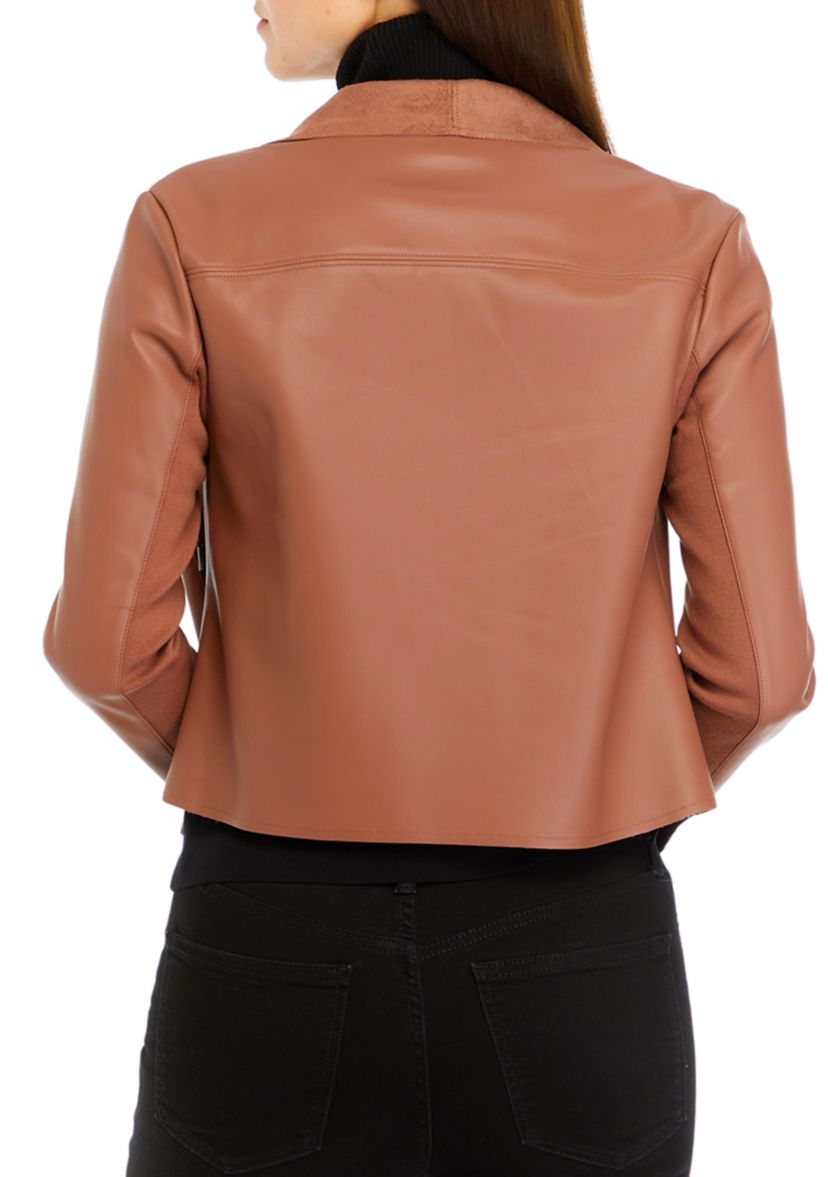 Womens Drop Open Front Vegan Leather Jacket