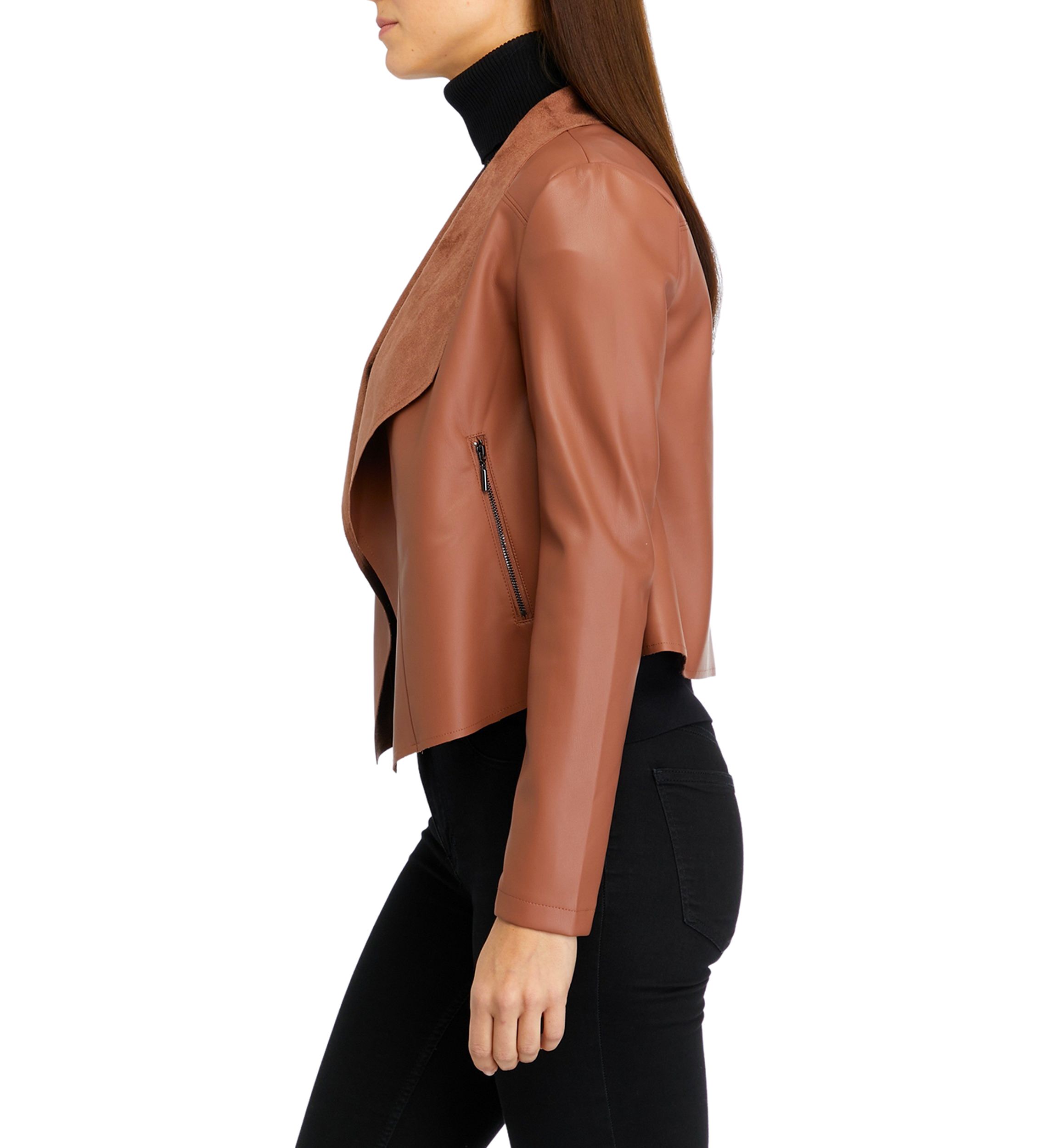 Womens Drop Open Front Vegan Leather Jacket