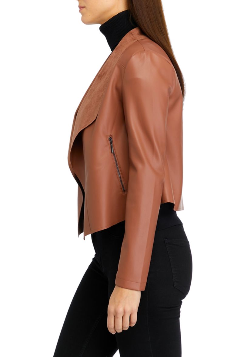 Womens Drop Open Front Vegan Leather Jacket