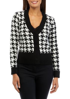 Women's Houndstooth Printed V-Neck Cardigan